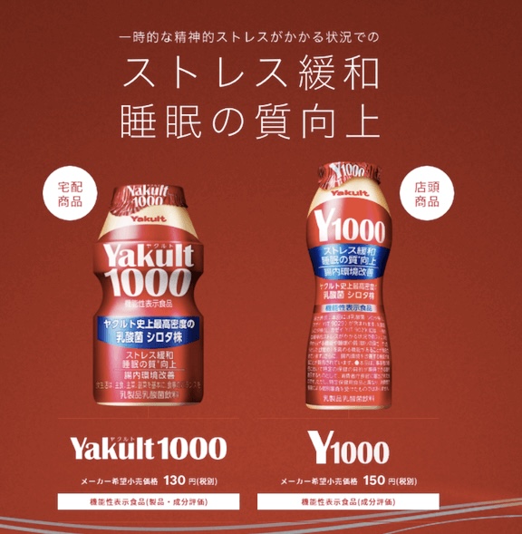 ヤクルト1000とY1000のパッケージ比較。睡眠の質向上やストレス緩和をサポートする機能性表示食品