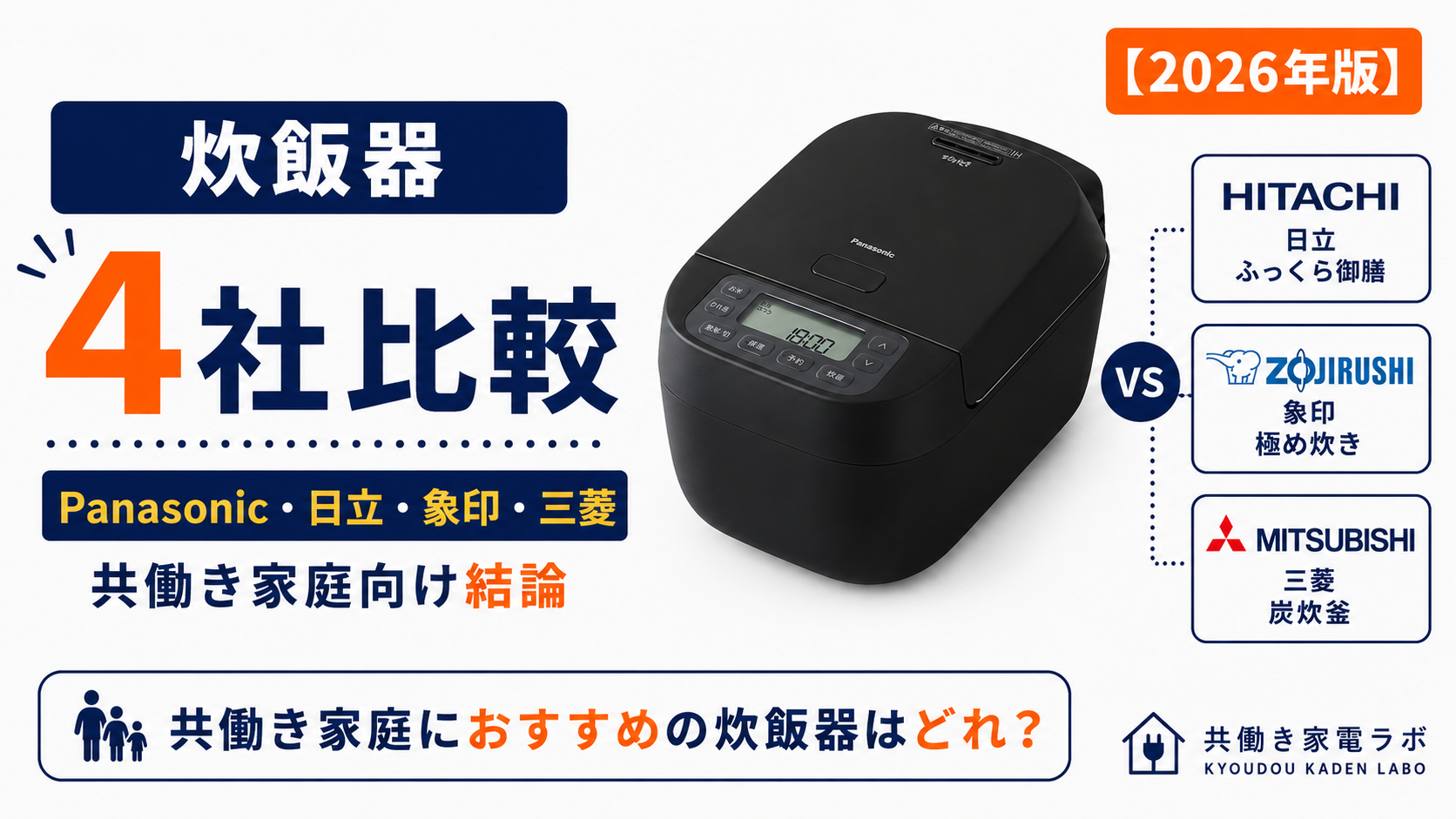 Panasonic SR-N310Dをメインに配置し、日立・象印・三菱の炊飯器と4社比較するアイキャッチ画像。