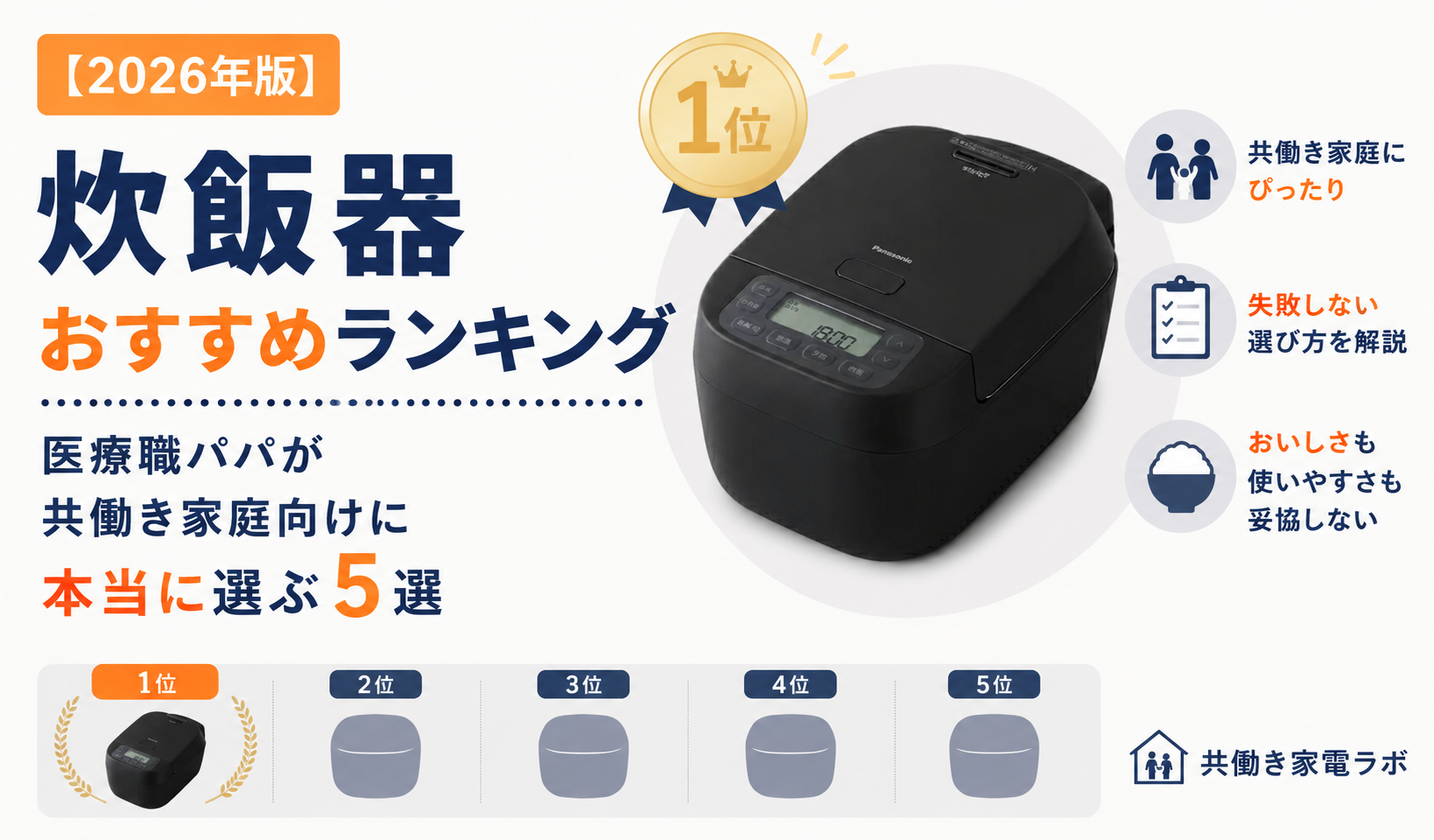 炊飯器おすすめランキング5選を紹介するPanasonic SR-N310Dのアイキャッチ画像。医療職パパが共働き家庭向けに本当に選ぶおすすめ炊飯器を解説
