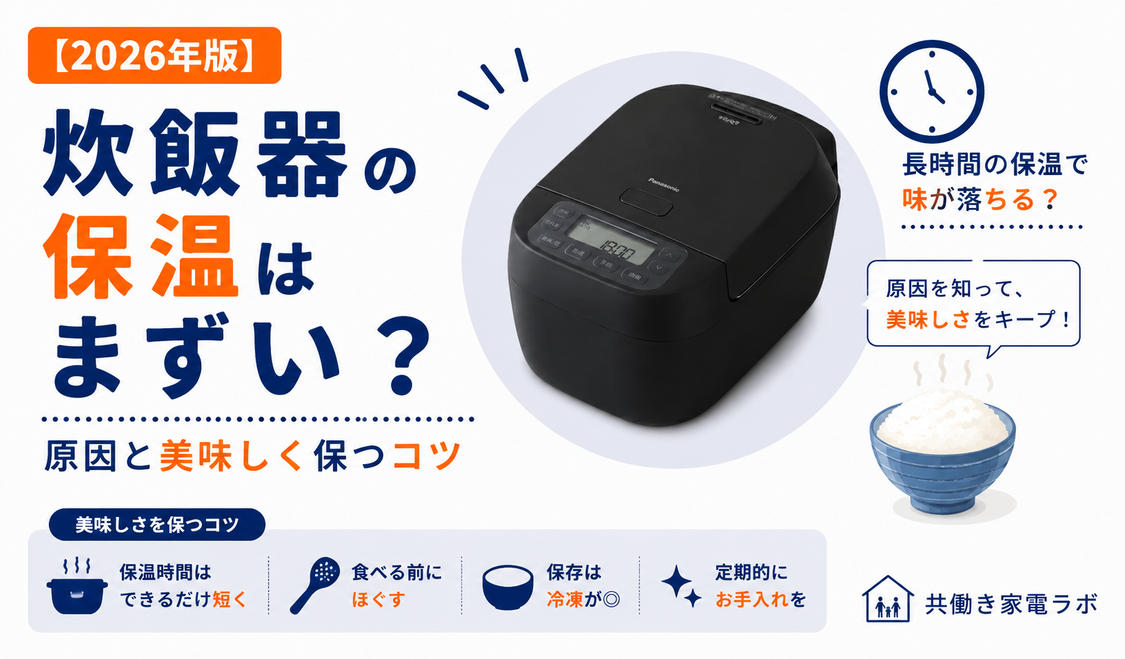 Panasonic SR-N310Dと時計のモチーフを使い、炊飯器の保温時間や美味しく保つコツを解説するアイキャッチ画像