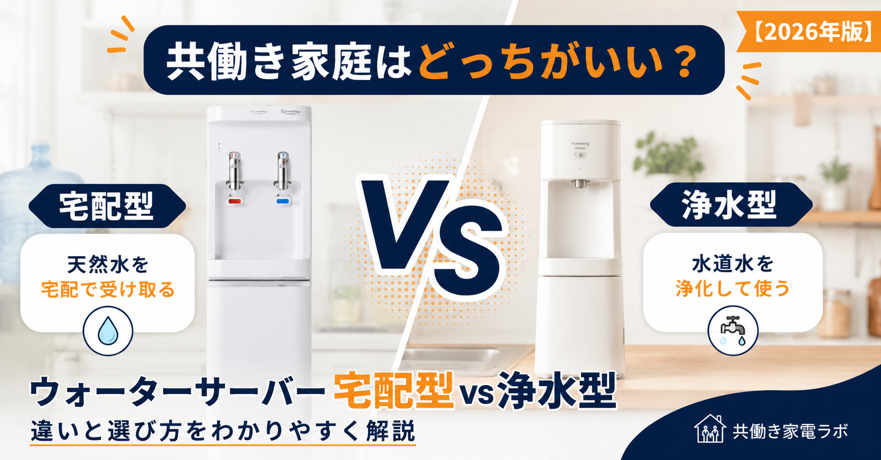ウォーターサーバーの宅配型と浄水型を比較し、共働き家庭に向いている選び方や違いをわかりやすく解説した比較記事のアイキャッチ画像。