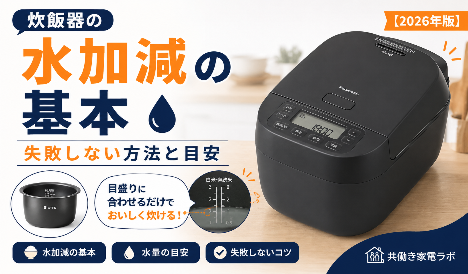 炊飯器の水加減の基本や目盛りの合わせ方、失敗しない水の量の目安をわかりやすく解説したアイキャッチ画像