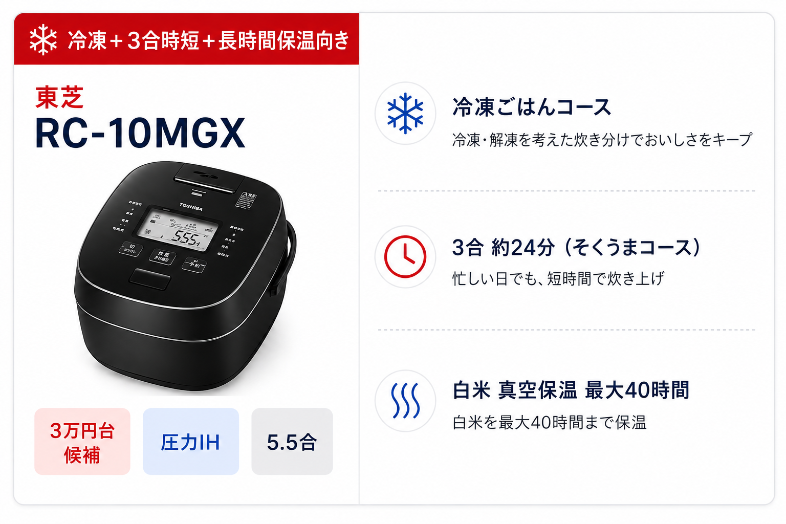 東芝 RC-10MGXの特徴。冷凍ごはんコース、3合約24分のそくうまコース、白米最大40時間の真空保温を紹介