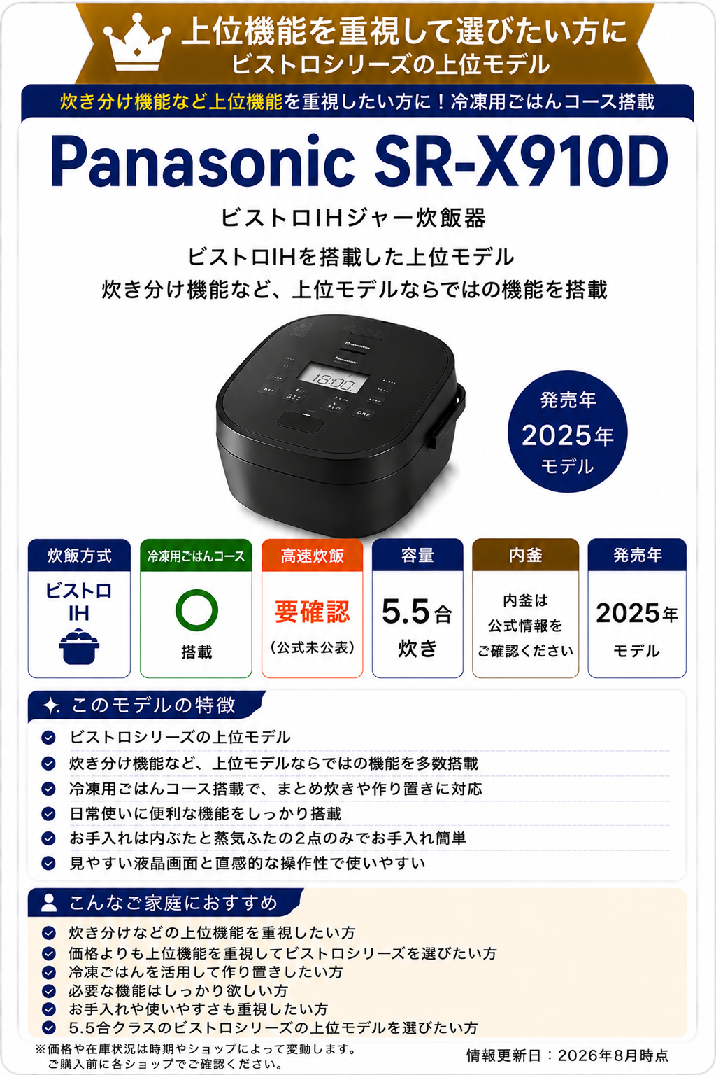Panasonic SR-X910Dの特徴。ビストロIH、冷凍用ごはんコース、5.5合対応で、炊き分けなどの上位機能を重視した2025年モデル