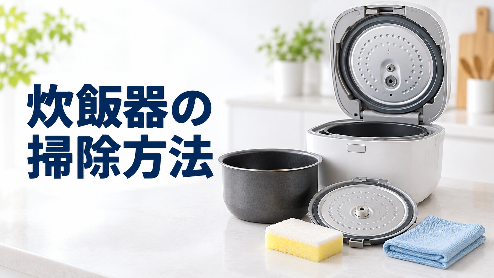 炊飯器本体と内釜・内ぶた・掃除用品を並べた炊飯器の掃除方法のイメージ
